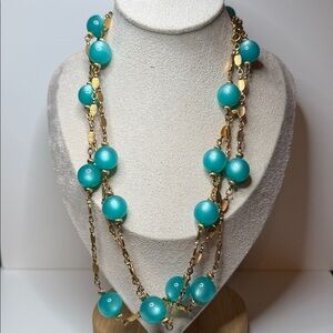 VTG Fabulous moonglow gold tone station style teal 60 in. continuous necklace ⭐️